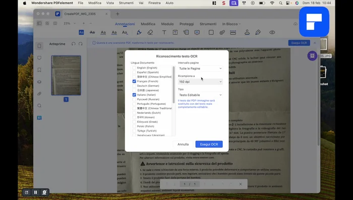 Scegliere le opzioni di OCR (intervallo di pagine, risoluzione, testo editabile o immagine con testo ricercabile). Si consiglia 'testo editabile'.