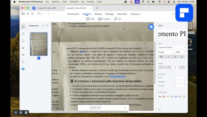 Modificare il testo (se necessario) usando la funzione di modifica.