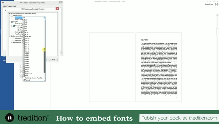 Impostare il formato carta corretto (6x9 pollici nel caso dell'esempio) nelle impostazioni della stampante PDF.
