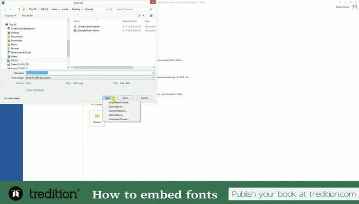 Salvare il documento Word con nome, selezionando 'Incorpora font' nelle opzioni di salvataggio.