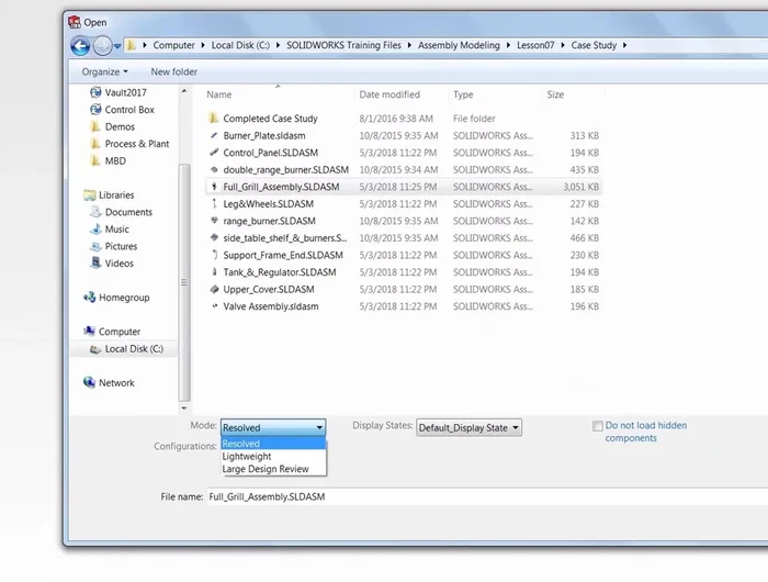 Utilizza le opzioni di apertura di SolidWorks: Modalità leggera (carica solo dati parziali) o Modalità di revisione del progetto di grandi dimensioni (solo per visualizzazione, non modifica).