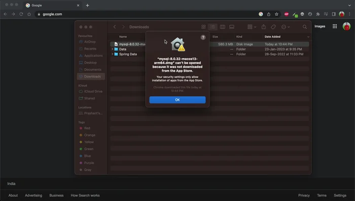 Se appare un messaggio di errore relativo ad uno sviluppatore non identificato, chiudi il popup.