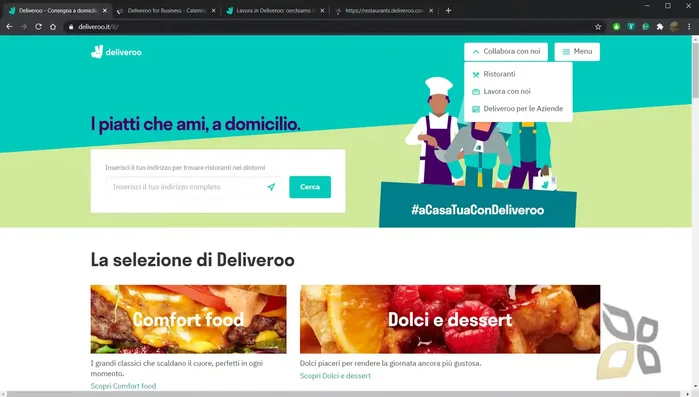 Scegliere tra ordinare cibo (come cliente) o registrarsi come partner (ristorante o rider).