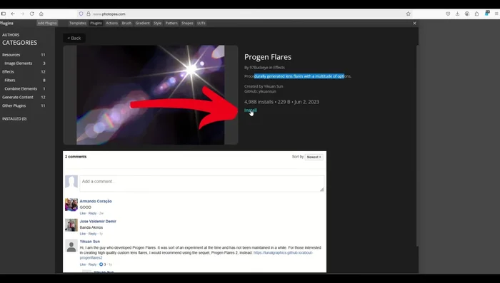 Clicca sul pulsante 'Installa' per aggiungere il plugin al tuo Photopea.