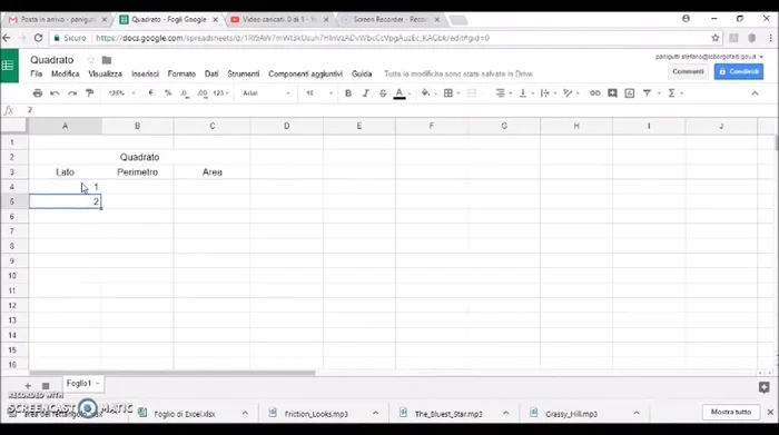 Calcola il perimetro (Lato * 4) e l'area (Lato^2). Utilizza la funzione di trascinamento per applicare la formula a tutte le celle.