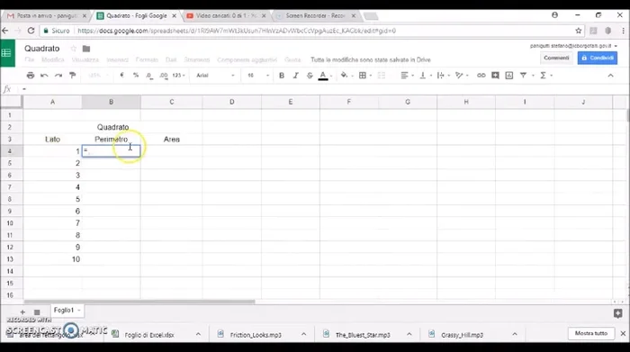 Calcola il perimetro (Lato * 4) e l'area (Lato^2). Utilizza la funzione di trascinamento per applicare la formula a tutte le celle.