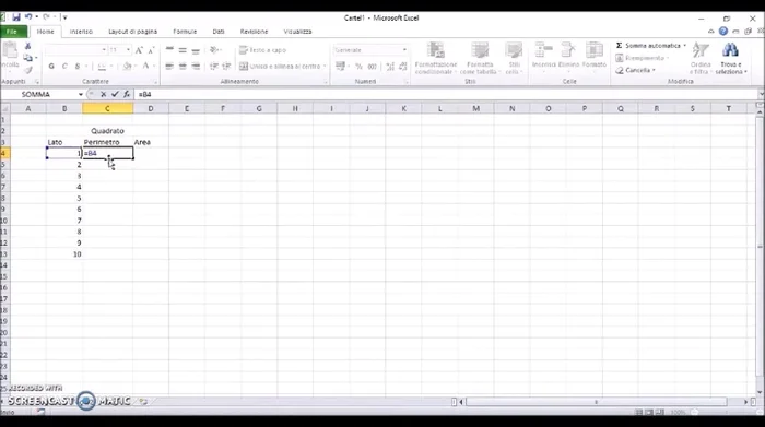 Calcola il perimetro (Lato * 4) e l'area (Lato^2). Utilizza la funzione di trascinamento per applicare la formula a tutte le celle.