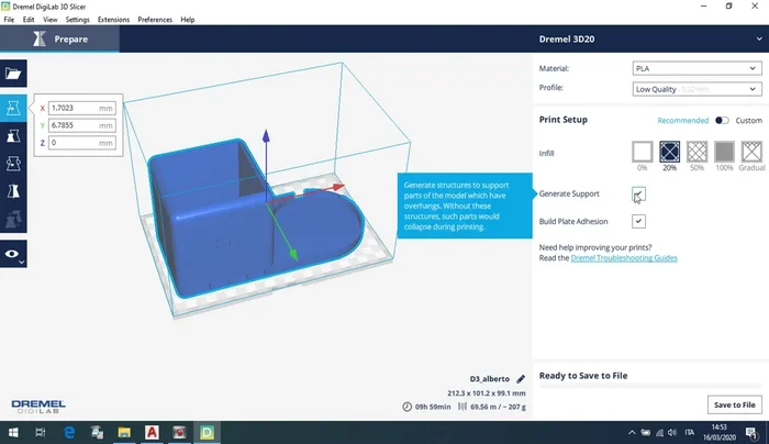 Impostare i parametri di stampa (altezza strato, infill, supporti, ecc.).