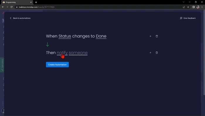 Seleziona l'azione 'Notifica' e personalizza il messaggio.
