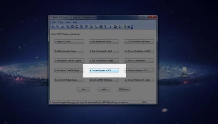 Seleziona l'utility "Converti immagini in PDF" (numero 9).