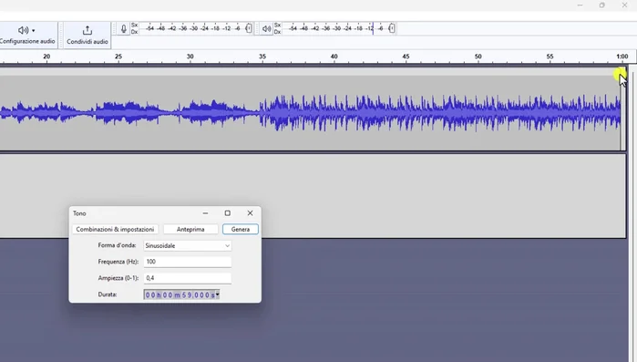 Generare un tono a 100 Hz della stessa lunghezza del brano (Genera > Tono).