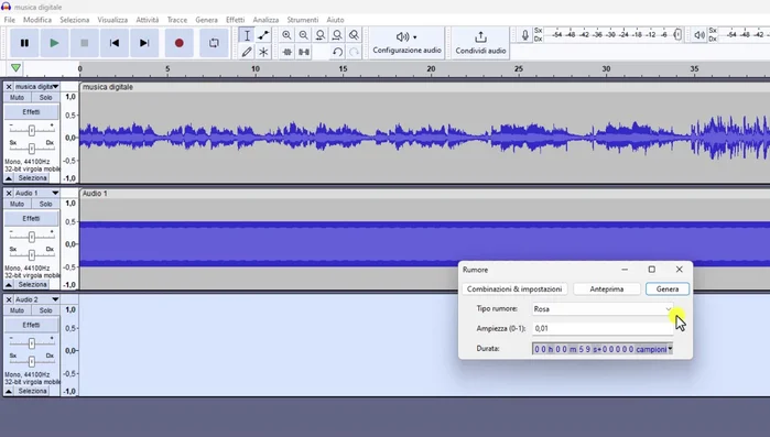 Aggiungere una nuova traccia mono e generare rumore rosa (Genera > Rumore > Rumore rosa).