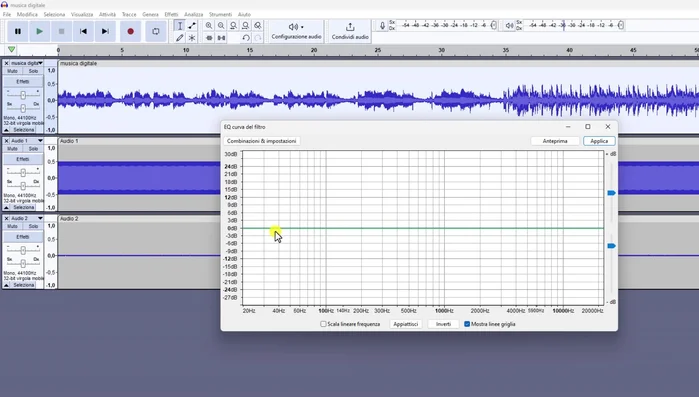 Selezionare la traccia musicale e applicare l'equalizzatore (Effetti > Equalizzatore > Curva del filtro) scegliendo la preimpostazione "Radio AM".