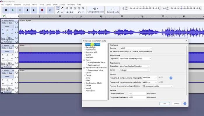 Modificare le preferenze audio di Audacity (Modifica > Preferenze) impostando il canale su Mono e la frequenza di campionamento a 22050 Hz.