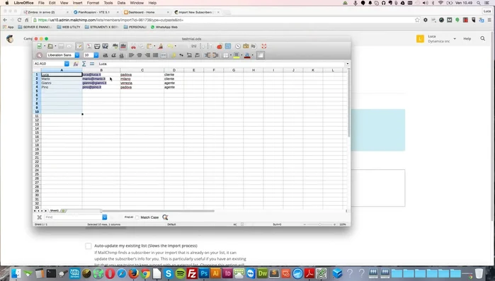 Assicurarsi che il file Excel contenga almeno le colonne 'Nome' ed 'Email'.