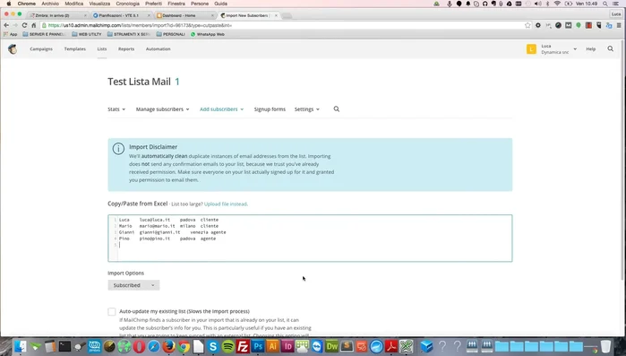 Creare nuove colonne in Mailchimp se necessario.