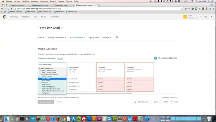 Creare nuove colonne in Mailchimp se necessario.