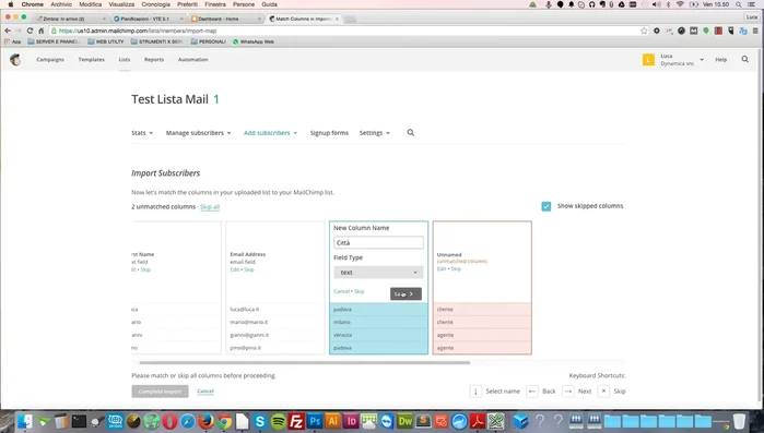 Creare nuove colonne in Mailchimp se necessario.