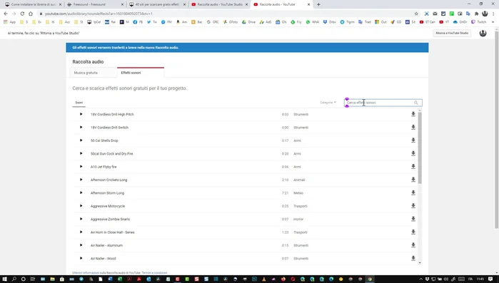 Cerca l'effetto sonoro desiderato (es. "campanello", "pioggia").