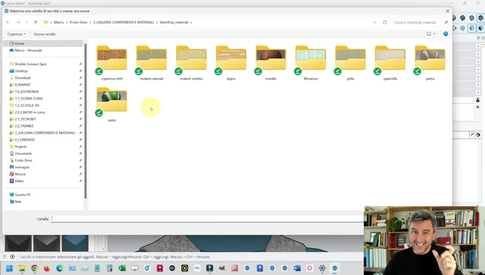 In SketchUp, andare nella raccolta materiali e aggiungere il percorso della cartella contenente i file .skm.