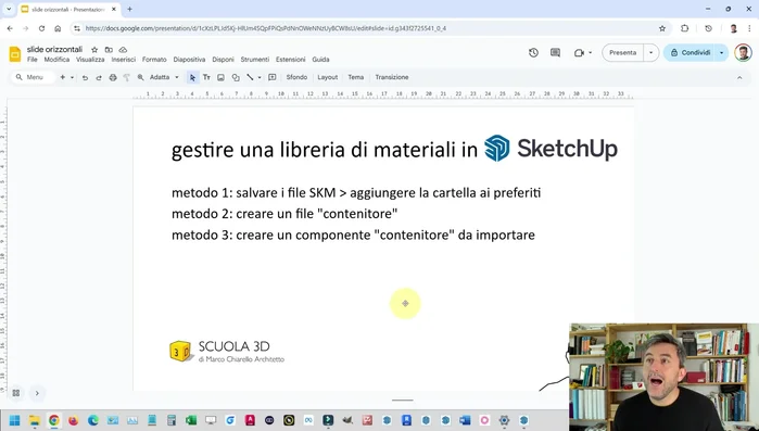 Creare un file SketchUp contenente diverse "piastrelle" o quadratoni, ognuno con un materiale diverso applicato.
