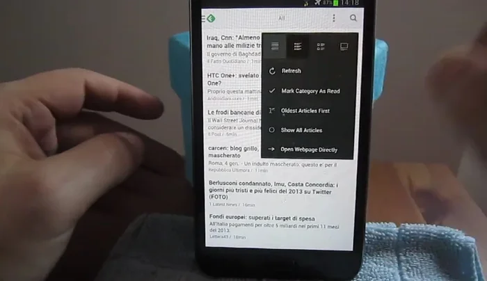 Selezione della modalità di visualizzazione delle notizie (titoli, lista, magazine, card).