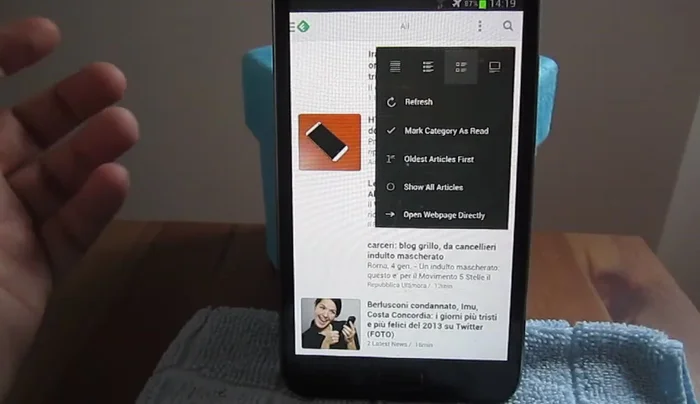 Gestione degli articoli: marcatura come letti, riordino, apertura nella pagina web originale.