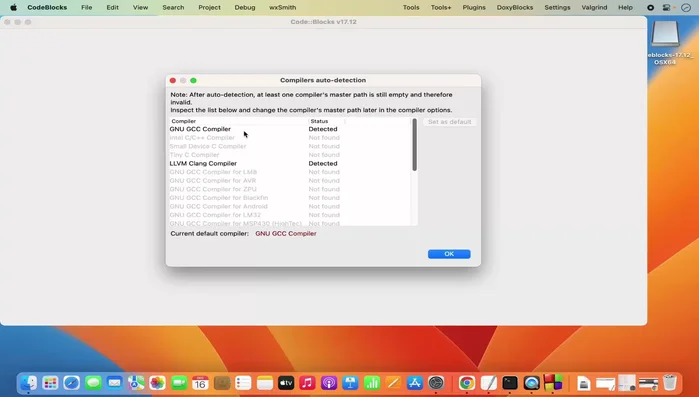 Una volta installato, aprire Code::Blocks. Se viene rilevato un compilatore, selezionare quello preferito (di solito GNU GCC).