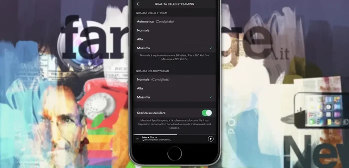 Imposta la qualità dello streaming su Spotify a 'Normale' o 'Automatica', scarica musica offline se hai un abbonamento Premium.