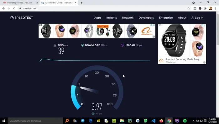 Attendere il completamento del test. Il risultato mostrerà la velocità di download e upload in Mbps.