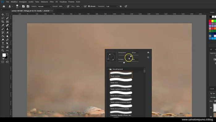 Aggiustare la durezza del pennello per una maggiore precisione o sfumatura (100% per precisione, 25-35% per sfumature).