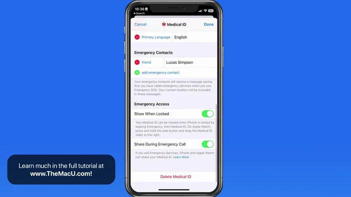 Aggiungi o rimuovi contatti di emergenza dall'ID medico.
