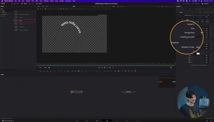 Utilizzare keyframes per 'Position' e 'Center Z' per animare il movimento del testo lungo la curva nel tempo.
