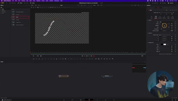 Utilizzare keyframes per 'Position' e 'Center Z' per animare il movimento del testo lungo la curva nel tempo.