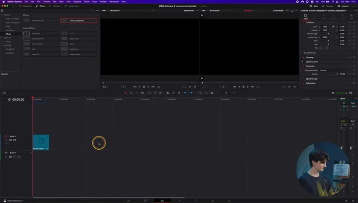 Andare su 'Effect' -> 'FX Fusion' -> 'Composition' e trascinare la composizione nella timeline.