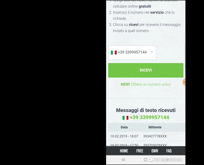 Copia il numero ricevuto.