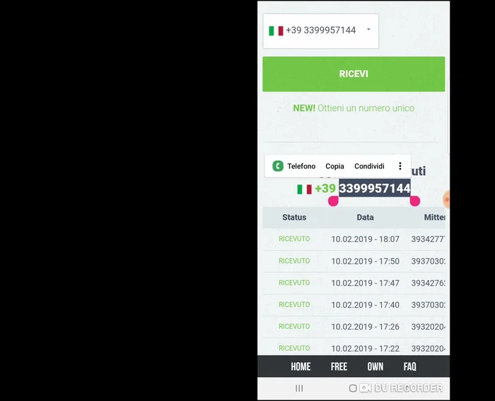 Copia il numero ricevuto.