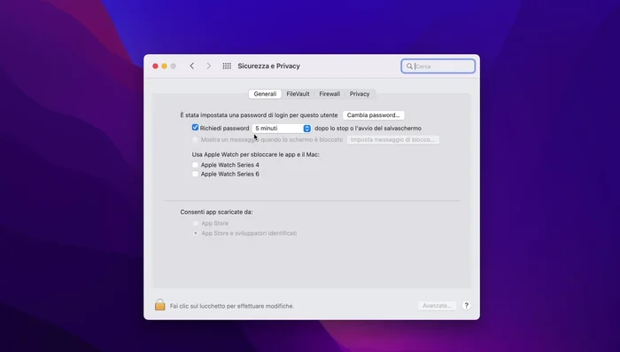 Impostare il tempo di richiesta password a 'Immediatamente'