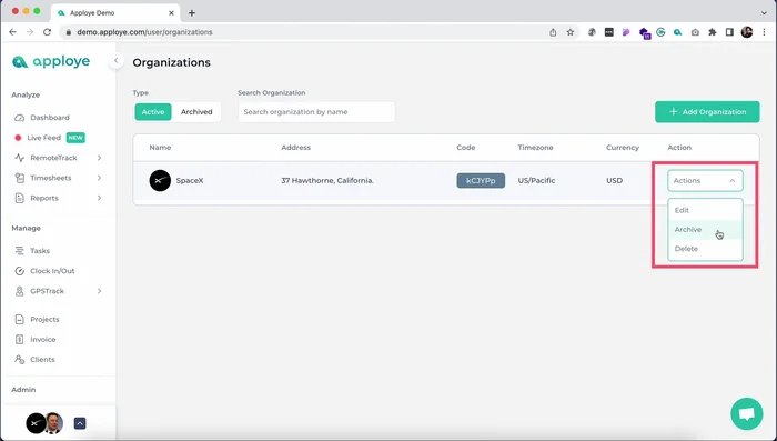 Modifica, elimina o archivia organizzazioni esistenti.