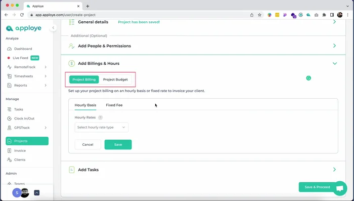 Imposta le ore di fatturazione (basate sul budget del progetto, tariffa oraria o fissa).