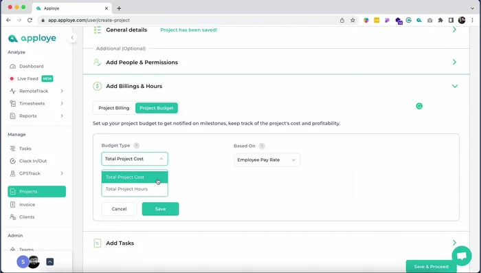 Imposta un budget di progetto basato sul costo totale o sulle ore totali.