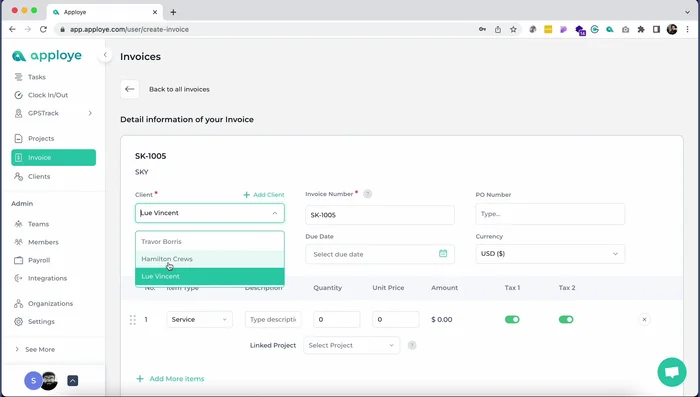 Crea fatture per i tuoi clienti, collegandole a progetti e includendo tasse e sconti.