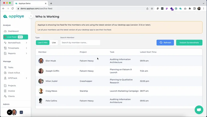 Utilizza il Live Feed per visualizzare l'attività dei dipendenti in tempo reale e catturare screenshot istantanei.