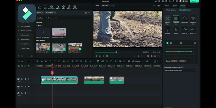 Aggiungere punti di controllo (fotogrammi chiave) per modulare la velocità. Usare il tasto '+' per aggiungere punti e il tasto '-' per eliminarli.