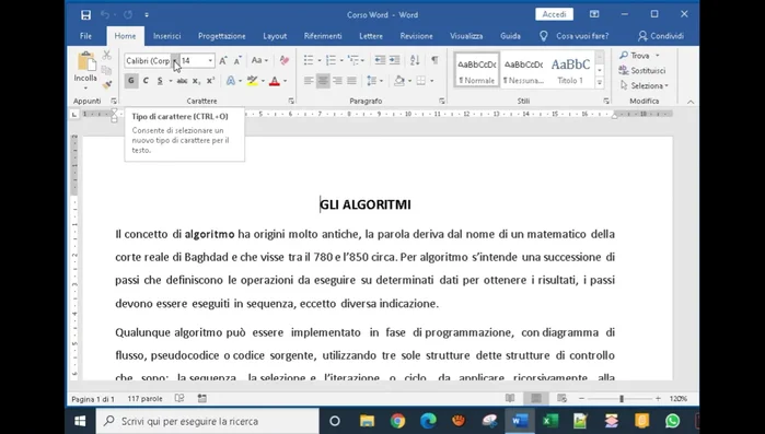 Modificare la dimensione del carattere usando le frecce (+) o (-) o la casella 'Dimensione carattere'.