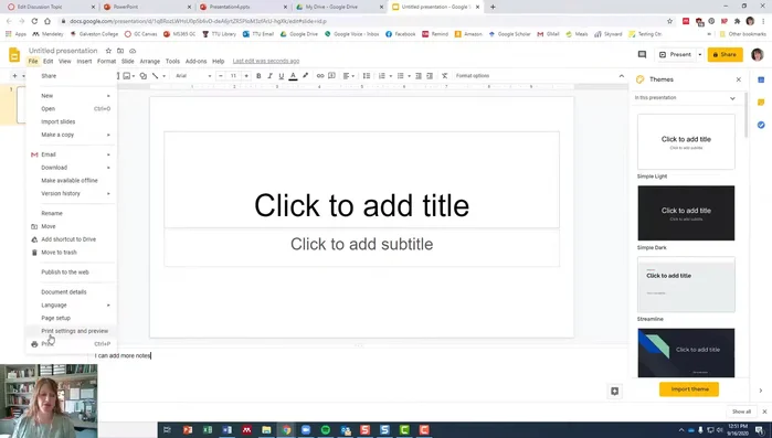Per stampare le note con le diapositive: andare su File > Impostazioni di stampa > Anteprima > selezionare "Diapositiva con note"