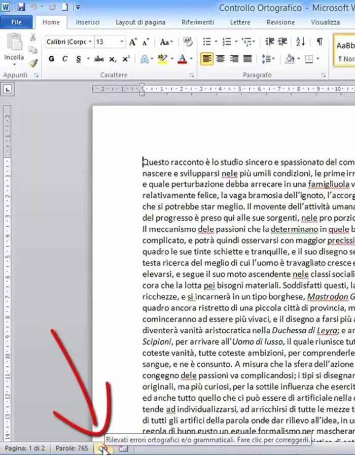 Esaminare ogni errore proposto da Word.