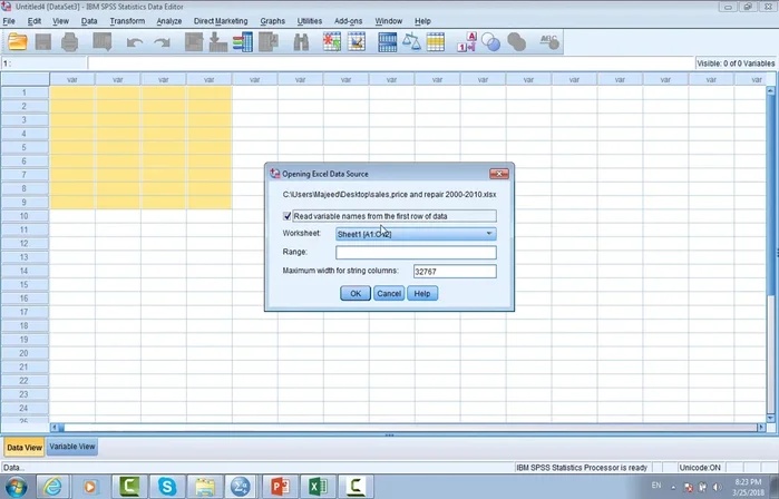 Verificare l'opzione 'Leggi il nome della variabile dalla prima riga dei dati'.