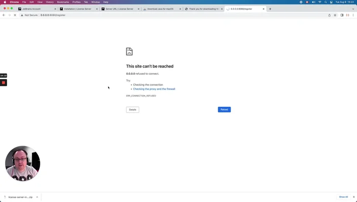 Registrazione del server licenze sul sito JetBrains e verifica delle licenze disponibili.