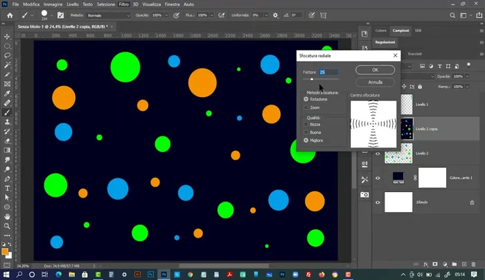 Applica il filtro Sfocatura Radiale (fattore 25, metodo rotazione, qualità migliore) due volte al livello unito per ottenere un effetto più morbido e sfumato.